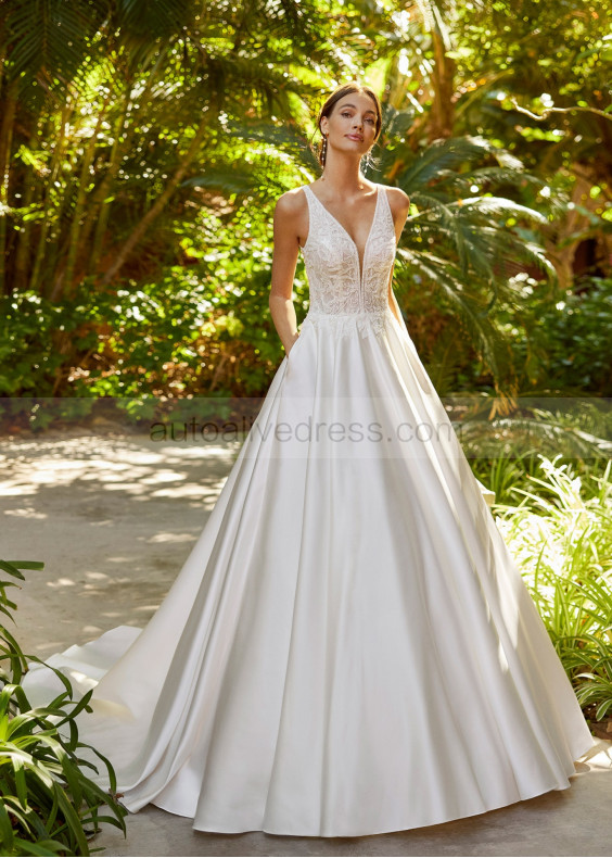 Beaded Ivory Lace Satin Sheer Back Affordable Wedding Dress